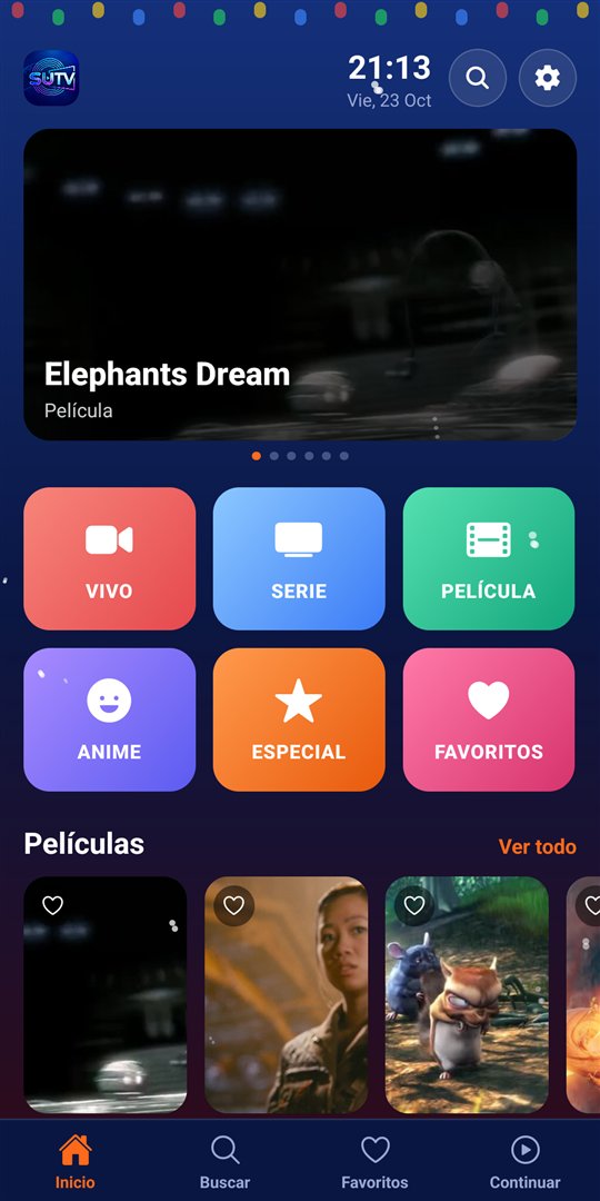 Menú de inicio de SUTV en el teléfono, con accesos a películas, series y favoritos, y filas de carteles.
