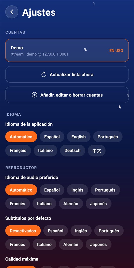 Ajustes con cuentas guardadas, idioma de la aplicación y preferencias del reproductor.