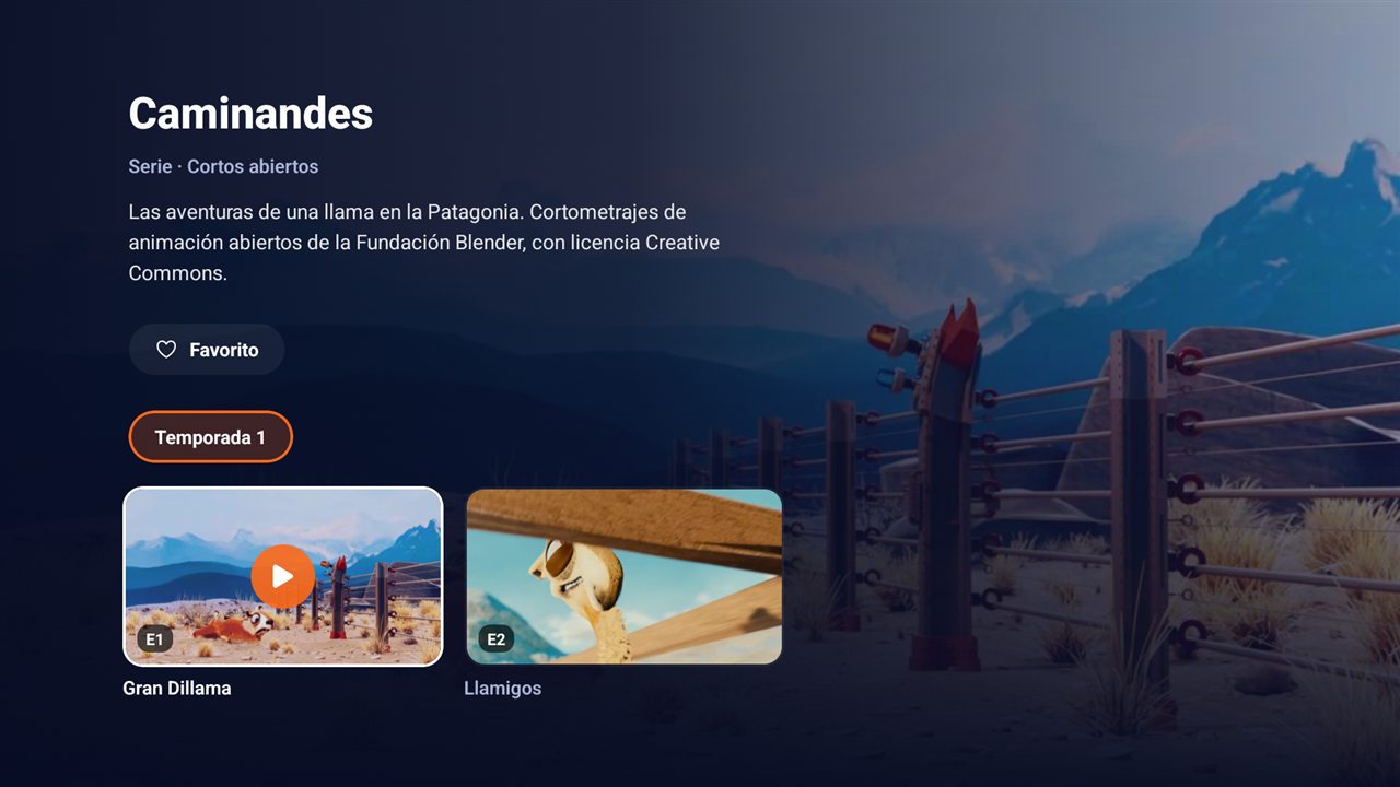 Detalle de una serie en Android TV, con sinopsis, temporada y episodios.